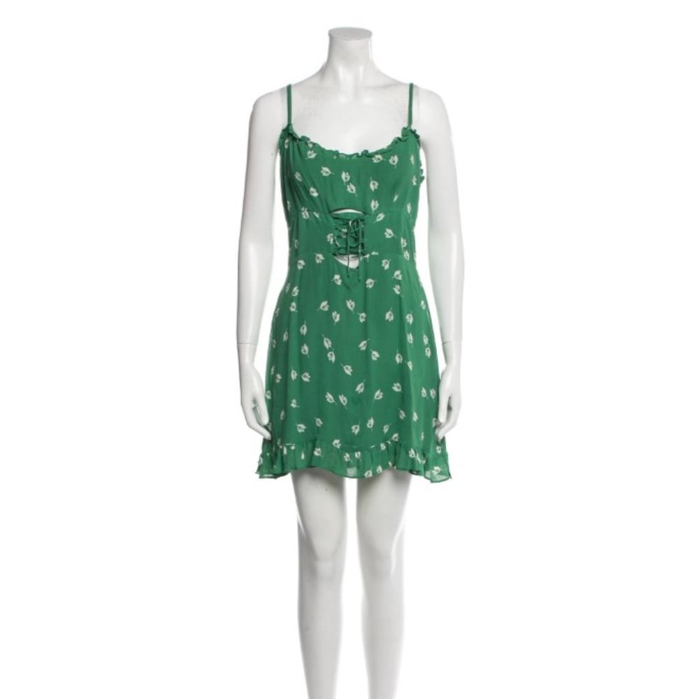 Reformation A-Line Dress Green Floral Print Ruffle  Sleeveless Dress - Size 6